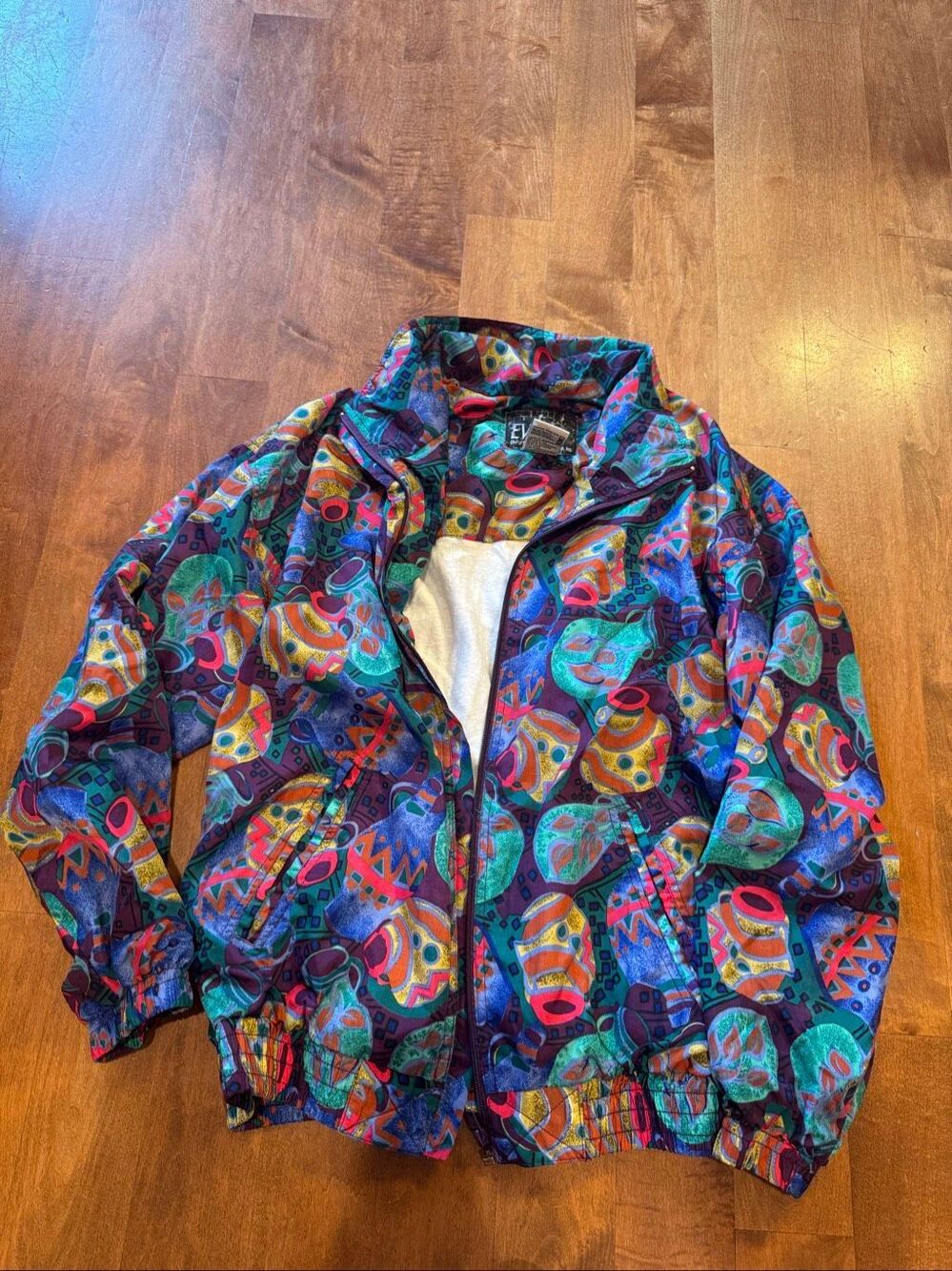 Vintage 90s EVR Rousso Abstract Pottery Print Windbreaker Jacket Women M